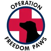 Image of Operation Freedom Paws logo. It is designed in round layout with word Operation at top and Freedom Paws at bottom in black letters. The circle has a thick red cross in the middle with the shadow image of a dog to the right of the red cross.