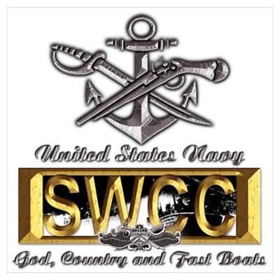 Image of Creed pin, that has a silver anchor with a saber sword and flint lock gun across over the anchor. The letters, SWCC are in gold. A small Special Warfare boat is just below the letters in silver. The words state-United stated Navy-SWCC-God, Country and Fast Boats