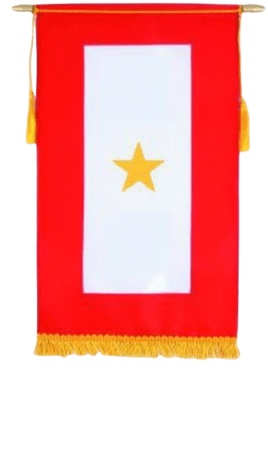 Image of Gold Star flag designed with red trim, white center and gold star in middle. There is gold fringe at bottom of flag.