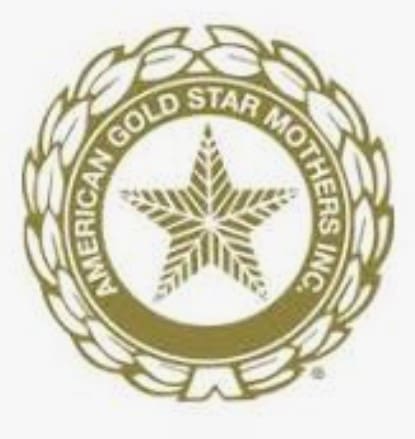 image of the American Gold Star Mothers Inc. logo that is designed as round symbol with star in middle, words going arounf star saying American Gold Star Mothers Inc. and a strand of two rows of leaves around outside of circle. Colors are white background with gold trip around image, wring and symbol.