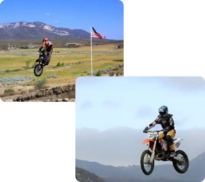 Two images overlapping. Back photo is of Zach on a dirt bike in the air as he jumps over a whoop near the flap pole with the American flag flying. The image in front is another photo is of Zach dirt bike riding and airborne as he rides over a whoop.