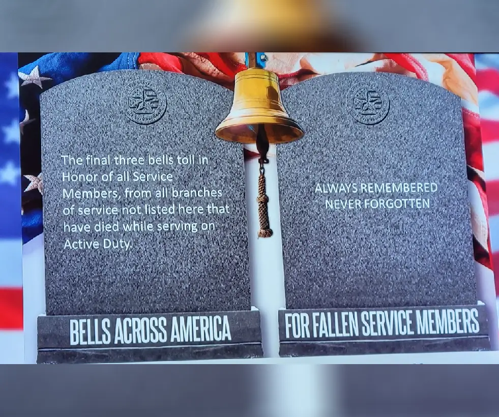 Photo of two side by side gray headstones at the bottom read, to the left: Bells Across America, and to the right reads: For Fallen Service Members. The left side of the headstone above the bottom words reads, "The first three bells toll in Honor of Service Members, from all branches of service not listed here that have died while serving on Active Duty." The right side of the headstone reads: "ALWAYS REMEMBERED, NEVER FORGOTTEN" The background has an American flag and a gold bell is in front in the middle top of the stone gray headstones.